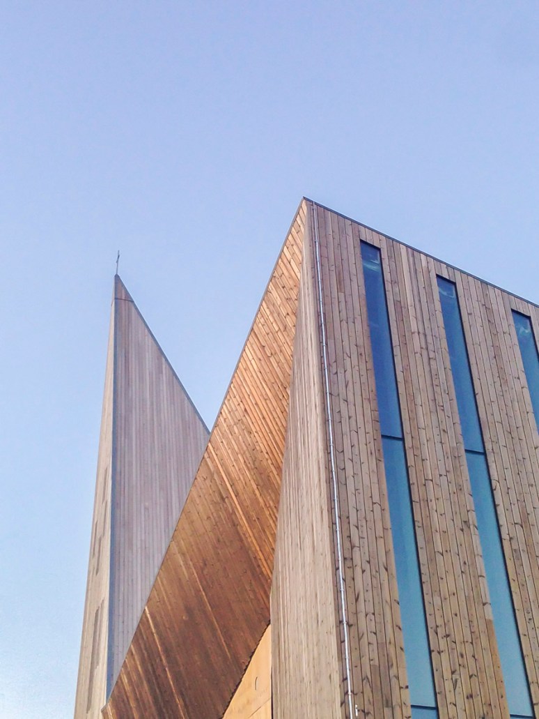 Detail of wood cladding and windows at dusk.