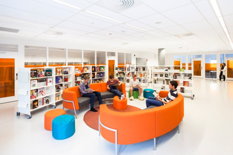 Students using the library facilities at Bjoernsletta School, designed by L2 Arkitekter, Oslo, Norway.