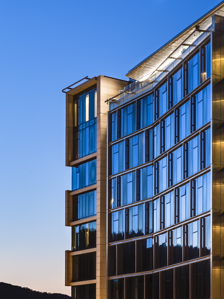 Corner detail at dusk of 'The Eagle' Rica Hotel in Bergen, Norway.