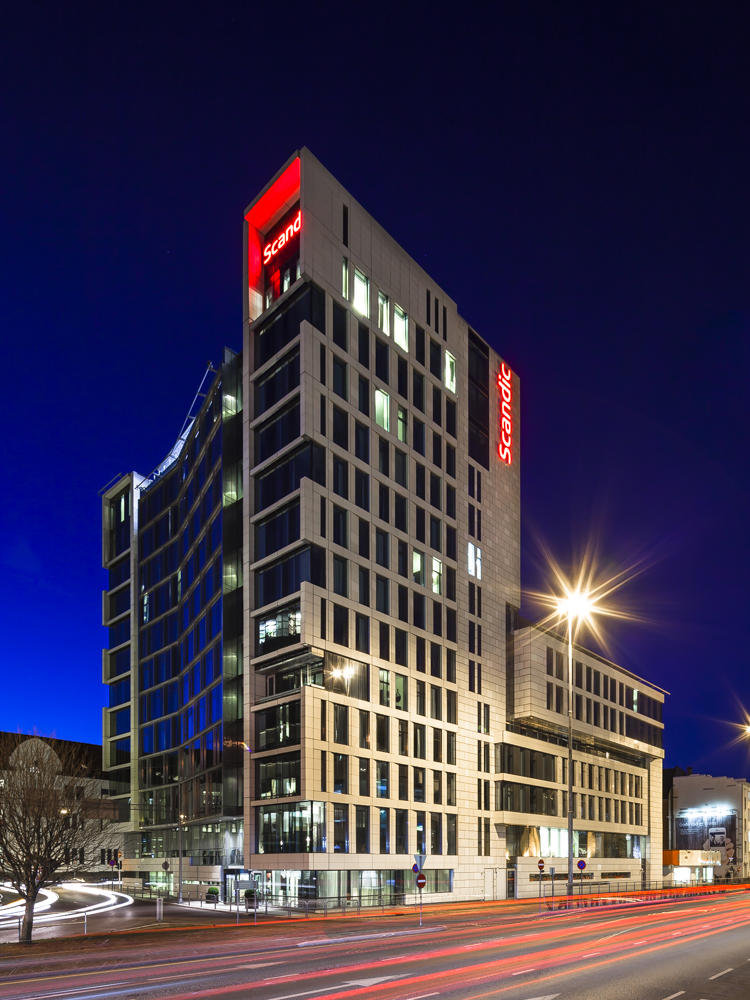 Dusk view of 'The Eagle' Rica Hotel in Bergen, Norway.