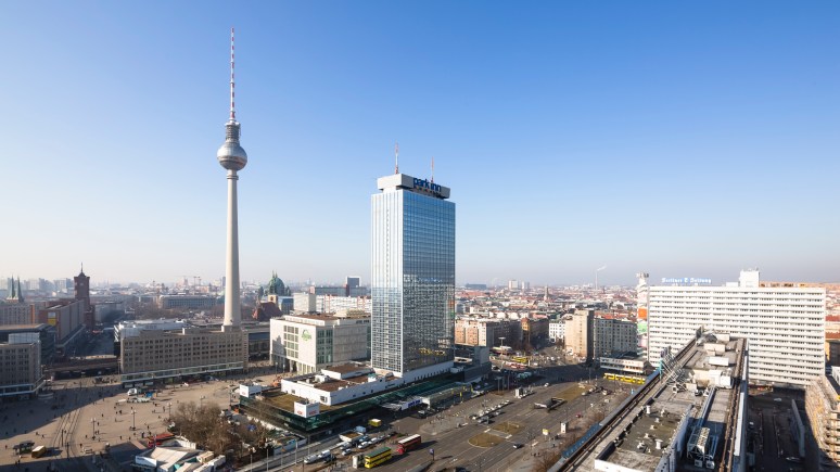 City skyline of Berlin looking towards the TV Tower and Alexanderplatz, Germany.
