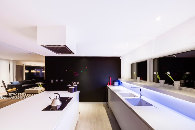 Kitchen area at The Woods residential property designed by Scott Brownrigg, Bedfordshire, UK.