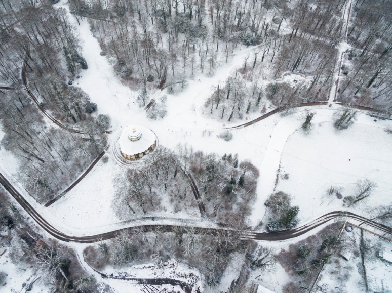 The Chinese House, designed by Johann Gottfried Buring between 1755 and 1764, viewed from the air in winter, Sanssouci park, Potsdam, Berlin, Germany.