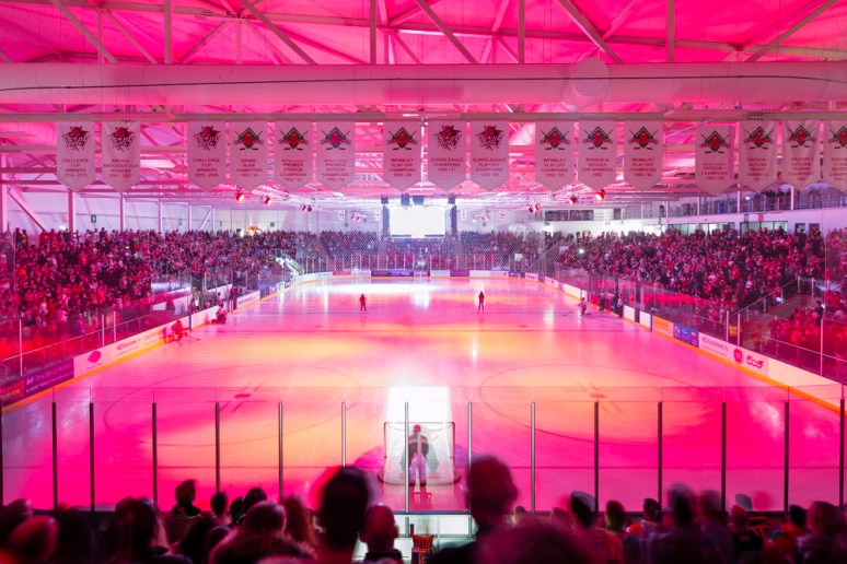 Opening light show at the Ice Arena Wales, designed by Scott Brownrigg, Cardiff, Wales, UK.