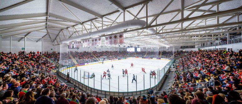 Overview of main ice rink at the Ice Arena Wales, designed by Scott Brownrigg, Cardiff, Wales, UK.