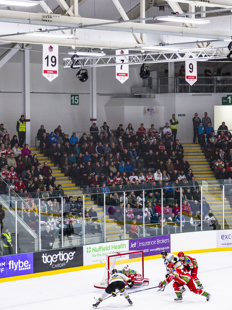 The Red Devils under attack at the Ice Arena Wales, designed by Scott Brownrigg, Cardiff, Wales, UK.