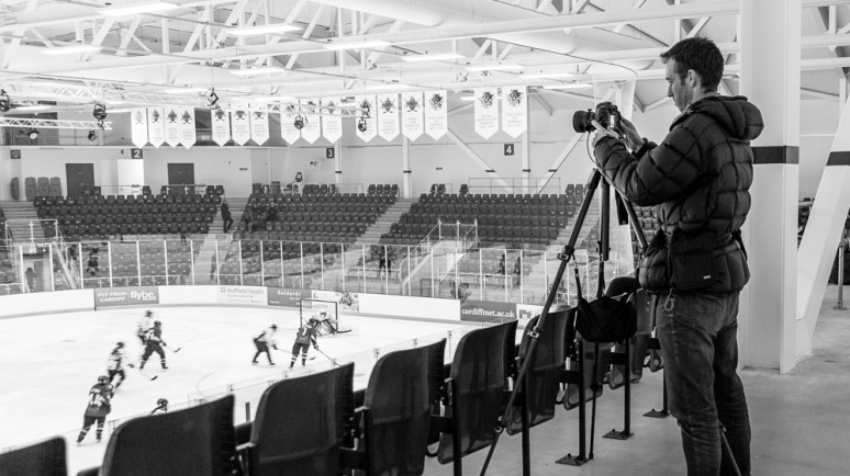 Daniel Hundven-Clements photographing the Ice Arena Wales, designed by Scott Brownrigg, Cardiff, Wales, UK.
