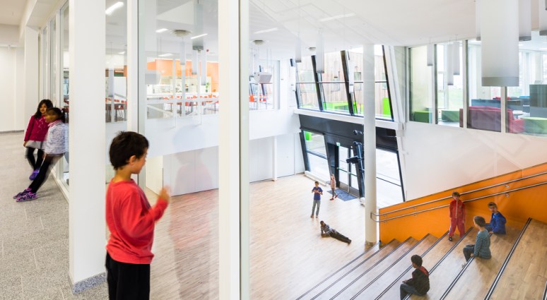 Communal multiuse hall at Veitvet Skole designed by Link Arkitektur, Oslo, Norway.