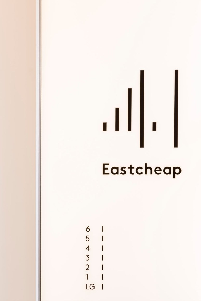 Signage at 41 Eastcheap Street office, designed by Ben Adams Architects, London, UK.