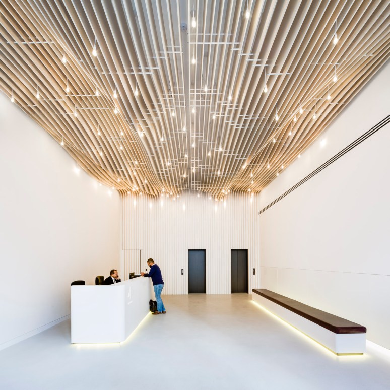 Main reception at 41 Eastcheap Street office, designed by Ben Adams Architects, London, UK.
