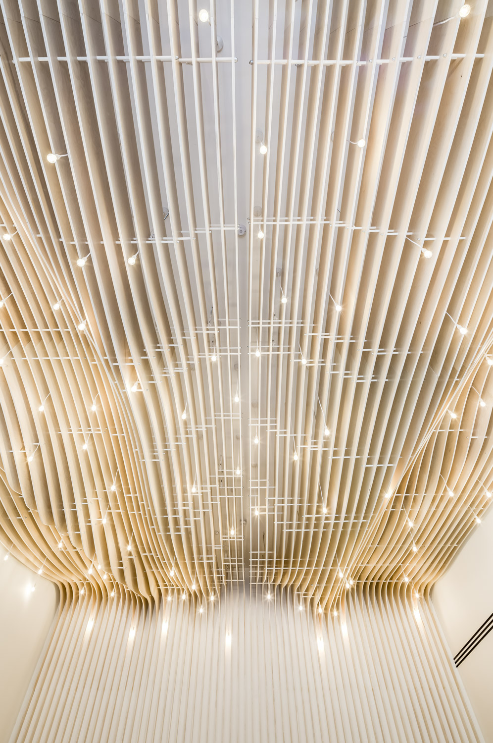 Curved wood structure on the ceiling at 41 Eastcheap Street office, designed by Ben Adams Architects, London, UK.